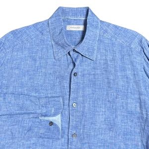 Ermenegildo Zegna Linen Woven Blue Button Up Dress Shirt Mens Large